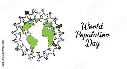 People's silhouettes stand in a circle around a central green world globe to celebrate international community unity during the annual World Population Day event concept.