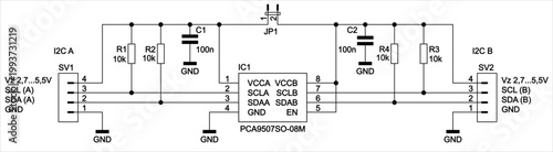 Schematic diagram of electronic device on sheet of paper. Vector drawing electrical circuit with 
resistor, integrated circuit, capacitor, gnd,
connector, other components.