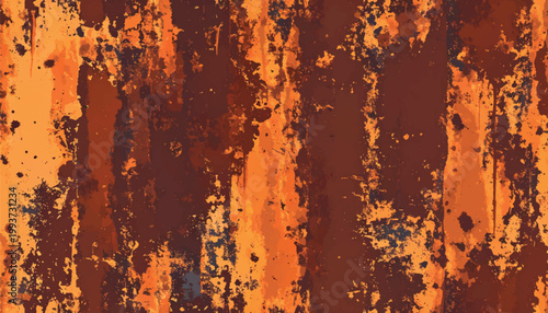 Vector of rusty metal appearance in warm orange and brown tones texture background. Distressed surface featuring peeling paint, corrosion marks, and vertical streaks, creating rugged industrial look.