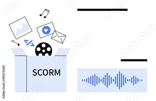 SCORM package. SCORM with multimedia icons, including images, video, and audio. SCORM supporting e-learning and interactive digital content. For education, digital learning, LMS and technology