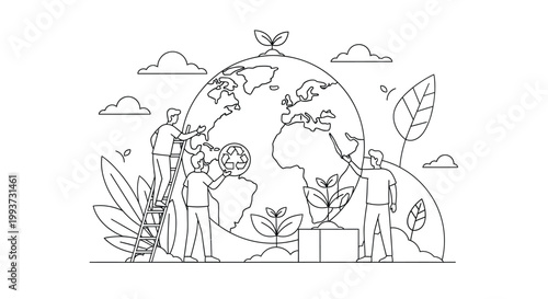 People work together to tend a globe that is decorated with small plants and foliage to illustrate the collective effort required to maintain our planet's ecosystem.