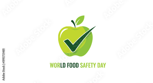 Apple fruit features a bold dark green checkmark symbol to represent the standards of food safety observed during the dedicated global event for better nutrition habits.