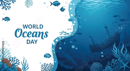 An ocean scene with a shipwreck and tropical fish serves as a creative background for World Oceans Day to highlight the importance of marine life and underwater ecosystems.