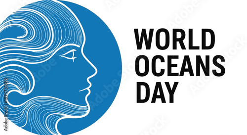 A woman's silhouette portrait combined with stylized water wave patterns creates a circular emblem celebrating the importance of preserving our blue planet on World Oceans Day.