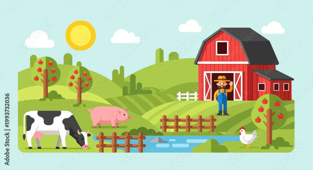 Fototapeta premium Cartoon farm scene with farmer barn animals fields and sunny sky