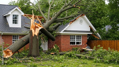 Large tree fallen on house roof after storm damage.
