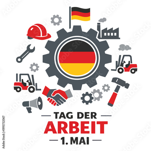 Tag Der Arbeit 1. Mai – Germany Labor Day Illustration With Gear, Handshake And Tools