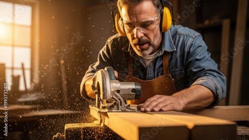 Skilled carpenter uses circular saw in workshop