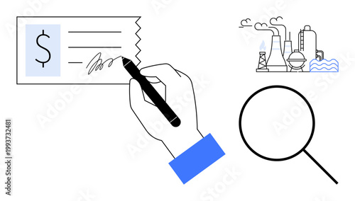 Financial transactions, industry, inspection, analysis, manufacturing economy, sustainability. Hand signing a check with an industrial factory and magnifying glass. Financial transactions