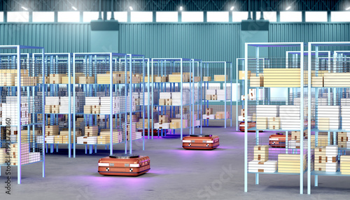Tableau sur toile Automated fulfillment center, mobile warehouse robots move parcels between stora