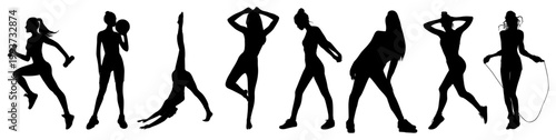 Silhouettes of women in dynamic motion. Each figure showcases a different sporty pose. Some leap, others stretch or dance with energy. Black outlines contrast sharply against a plain background