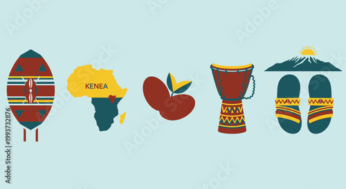 Stylized african cultural symbols shield map beans drum and sandals