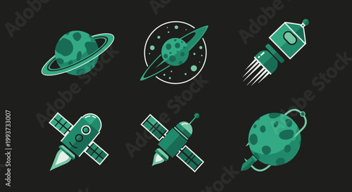 Stylized space elements planets rockets and satellites on dark background