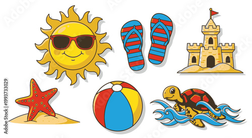Summer beach icons sun sandcastle flip flops ball starfish and turtle