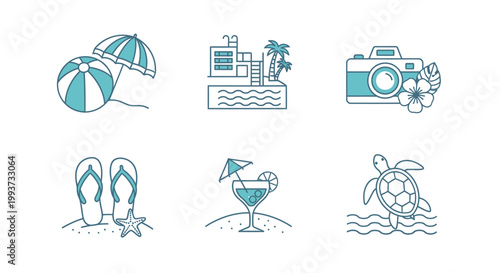 Summer icon set beach pool camera flip flops cocktail sea turtle