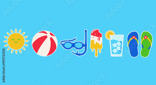 Summer vacation icons sun ball goggles ice cream drink flip flops