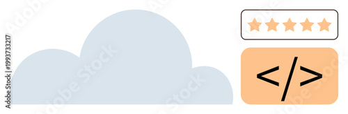 Cloud storage, coding, user feedback, technology services, data management, software development. Visual includes a cloud icon, five-star rating and coding symbol. Cloud storage and technology