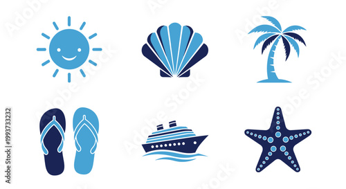 Summer vacation icons sun seashell palm tree flip flops cruise ship starfish