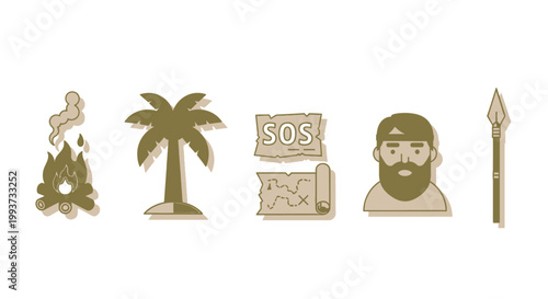 Survival adventure illustration campfire palm tree map man spear and sos