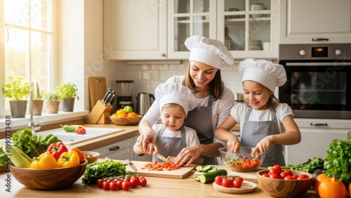 Family cooking fun in a bright sunny kitchen preparing healthy food