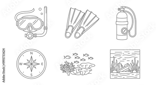 Underwater exploration equipment line art mask fins tank compass coral aquarium