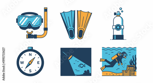 Underwater diving equipment and scuba diver illustration set