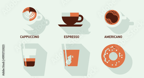 Variety of coffee beverages illustrated with long shadows and minimalist style