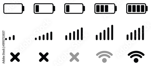 Battery and Signal Strength Icons: Essential illustrations, various power levels, connection status, digital design elements.