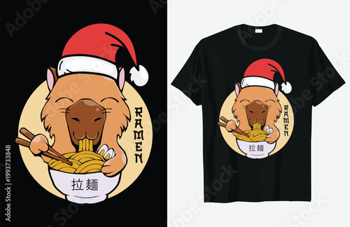 Cute Capybara wearing a santa hat enjoying a bowl of ramen noodles