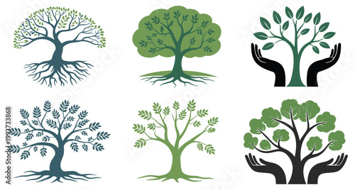 Tree of Life Collection: A diverse compilation of tree illustrations representing growth and connection. Natural beauty, environmental design, ecological concept, tree of life, nature conservation.
