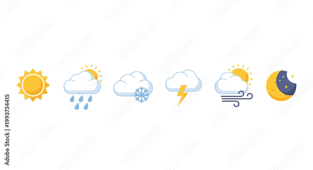 Obraz premium Weather icons set representing various climate conditions and forecast