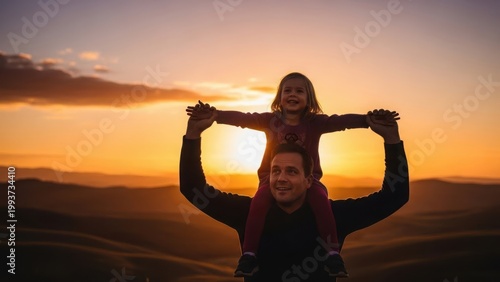 Father carries daughter enjoying golden sunset together outdoors