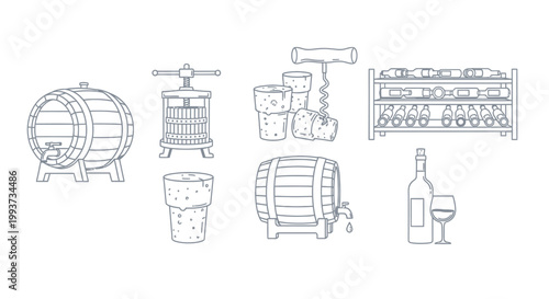 Wine production equipment illustration barrels press bottles and accessories