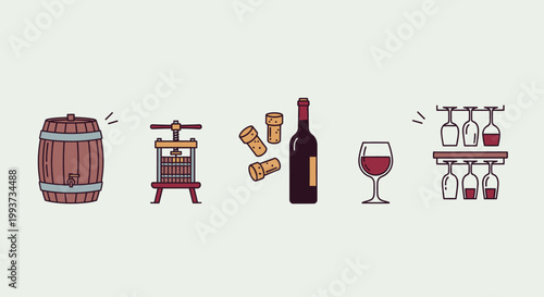 Wine production illustrated vector elements barrel bottle glass corks illustration
