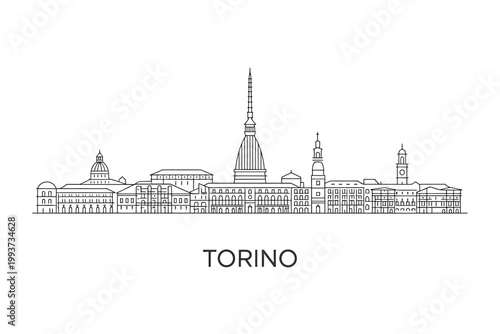 Line drawing of Torino city skyline with famous landmarks and buildings  Italian cityscape