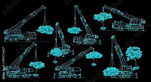 AutoCAD Crane Truck Tree Lifting Vector – Multiview Heavy Equipment Operation Cyan Outline on Black Background