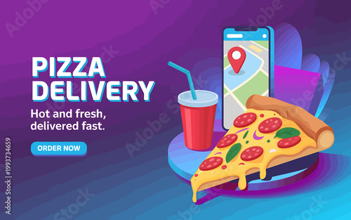 Pizza delivery concept with smartphone and food items on table