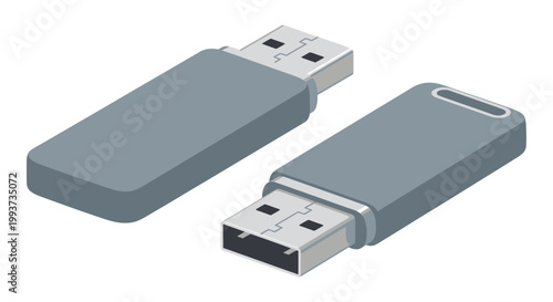 Obraz na płótnie Isometric view of two gray usb flash drives isolated on a white background