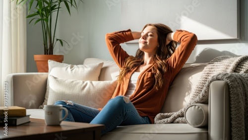 Woman relaxing on couch enjoying sunny afternoon light