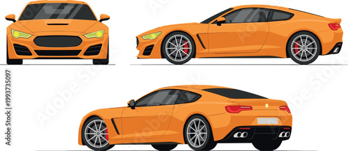 Modern Orange Sports Car Vector Design with Front, Side, and Rear Views for Automotive Graphics and Illustrations