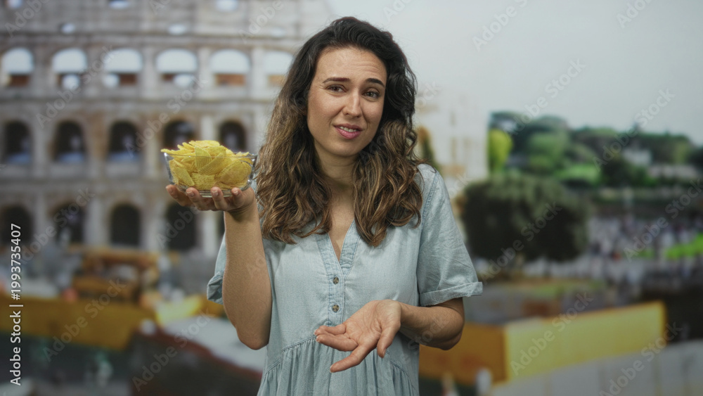 Fototapeta premium Young hispanic woman holds bowl of tortilla chips with a shrug gesture at the coliseum building; indifference.