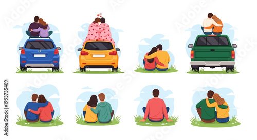 Vector couples sitting on cars, romantic pairs in vehicles, love icons, transportation scenes