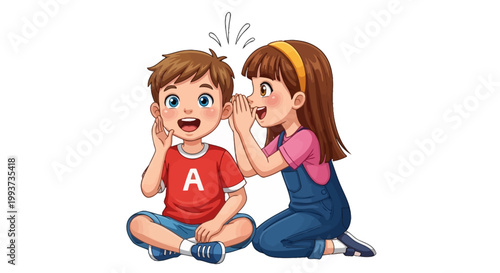 Whispering kids, cartoon children sharing secret, boy and girl gossiping, colorful illustration, vector characters