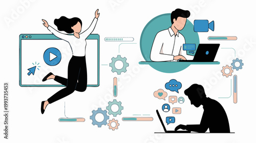 Digital content creation and social media engagement workflow illustration