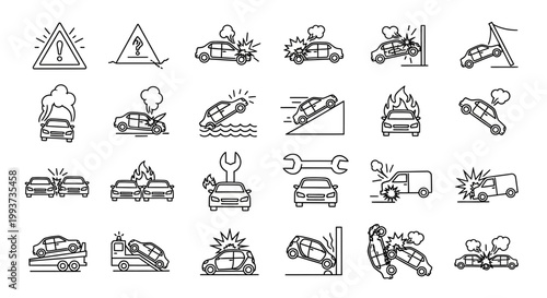 Car crash, accident, and repair icons, 25 line art symbols, vehicle damage, automotive, transportation