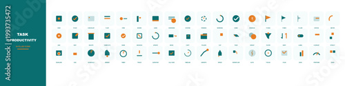 Modern productivity icons set, 54 task management vector elements, teal and orange business workflow symbols for project tracking and office efficiency