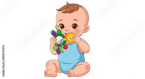 Cute baby, cartoon infant, colorful toy, blue onesie, vector illustration
