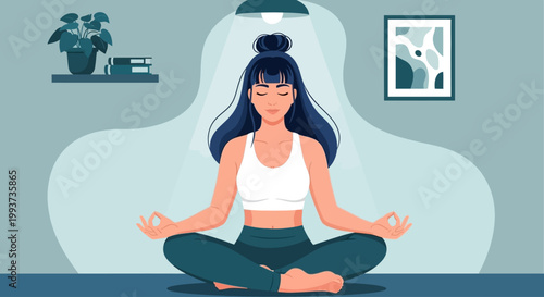 Meditating woman, yoga practice, indoor relaxation, mindfulness exercises, vector illustration