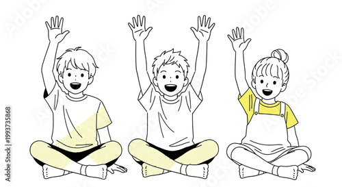 Vector illustration of happy children sitting in yoga poses, waving hands, kids in lotus position, smiling boys and girl in casual clothes
