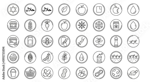 40 Jewish, Hebrew, Israel Symbols Icons Set, Line Art, Black and White, Vector Graphics